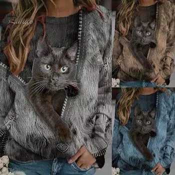 Женская свободная модная блузка с длинным рукавом и застежкой-молнией с принтом котов, футболка, топ XL синий