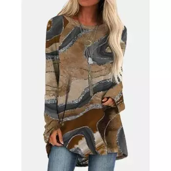 Женская свободная модная футболка с длинными рукавами и принтом в стиле минимализма в стиле ретро с классическим принтом и круглым вырезом S