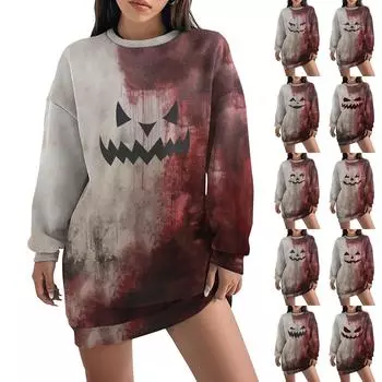 Женская свободная модная повседневная толстовка с круглым вырезом и длинным рукавом с принтом на Хэллоуин XXL хаки