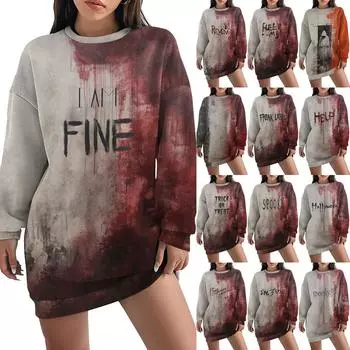 Женская свободная модная повседневная толстовка с круглым вырезом и длинным рукавом с принтом на Хэллоуин XL хаки