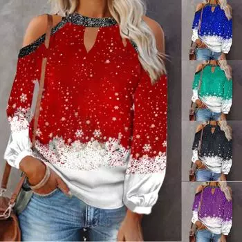 Женская свободная модная рождественская футболка со снежинками и принтом, сексуальная футболка без бретелек с длинным рукавом и подвесным воротником L чёрный