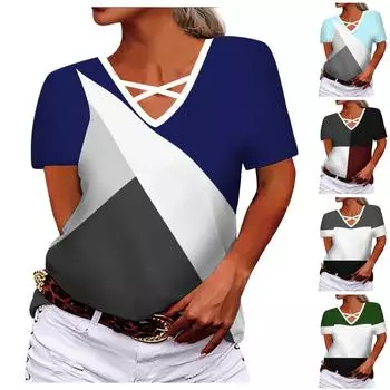 Женская свободная модная свободная футболка с v-образным вырезом и геометрическим принтом, удобная мягкая футболка с короткими рукавами, повседневный топ