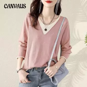 Женская свободная нижняя рубашка с v-образным вырезом Temperament Collision, весенне-осенняя вязаная рубашка с длинными рукавами One Size светло-синий