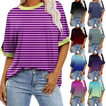 Женская свободная объемная футболка в градиентную полоску с круглым вырезом и длиной до плеч, с короткими рукавами, топ L