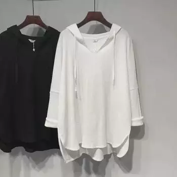 Женская свободная облегающая футболка средней длины с капюшоном и длинным рукавом XL 300 фунтов 2023 года для весны и осени 4XL (Recommended 250-300 lbs) чёрный