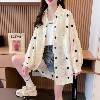 Женская свободная однобортная рубашка с длинным рукавом и лацканами в горошек One Size абрикосовый