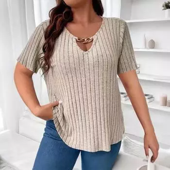 Женская свободная однотонная футболка большого размера с коротким рукавом и ложным карманом XXL бежевый