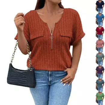 Женская свободная однотонная футболка большого размера с коротким рукавом и ложным карманом XXL синий