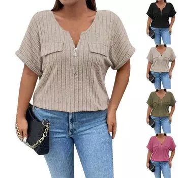 Женская свободная однотонная футболка большого размера с коротким рукавом и ложным карманом XL