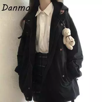Женская свободная однотонная куртка Danmo с длинными рукавами и капюшоном, универсальная повседневная студенческая куртка, уличная одежда XXL чёрный