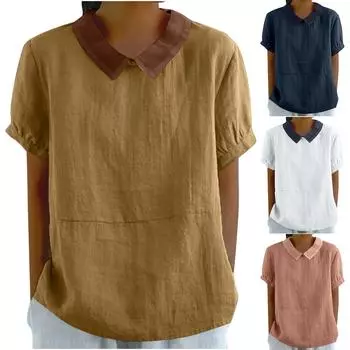 Женская свободная однотонная повседневная рубашка большого размера из хлопка и льна с короткими рукавами и лоскутными лацканами, топ L тёмно-синий