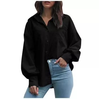 Женская свободная однотонная рубашка с длинным рукавом и лацканами, спущенным плечом, футболка L чёрный