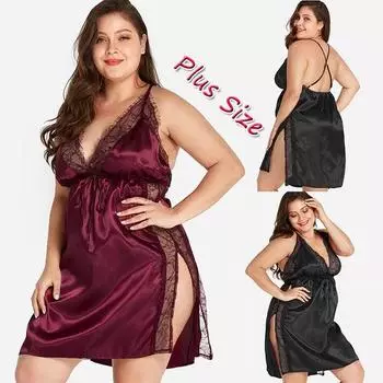 Женская свободная пижама без рукавов с v-образным вырезом и открытой спиной, кружевная сексуальная пижама XXXXXXL чёрный