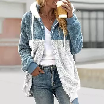 Женская свободная плюшевая куртка большого размера с разноцветными панелями на молнии с капюшоном L небесно-голубой