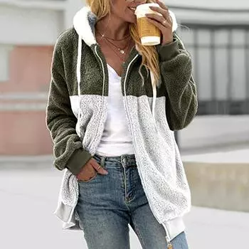 Женская свободная плюшевая куртка большого размера с разноцветными панелями на молнии с капюшоном M армия зеленый