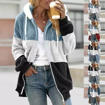 Женская свободная плюшевая куртка большого размера с разноцветными панелями на молнии с капюшоном L чёрный