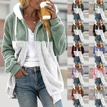 Женская свободная плюшевая куртка большого размера с разноцветными панелями на молнии с капюшоном M