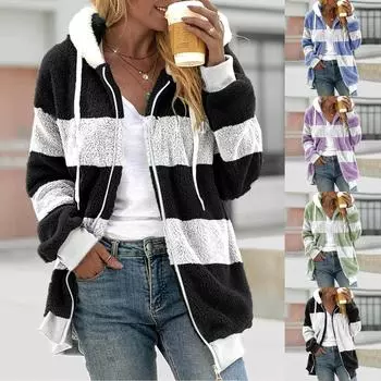 Женская свободная плюшевая куртка большого размера с разноцветными панелями на молнии с капюшоном S белый