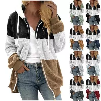 Женская свободная плюшевая куртка большого размера с разноцветными панелями на молнии с капюшоном L чёрный