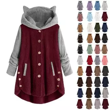 Женская свободная плюшевая однотонная куртка на пуговицах с капюшоном и карманом на одной пуговице XXXL чёрный