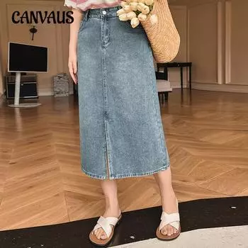 Женская свободная полуюбка больших размеров с промежностью, джинсовая юбка, весенне-летняя юбка трапециевидной формы с высокой талией