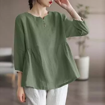 Женская свободная повседневная блузка, хлопковая однотонная летняя футболка с v-образным вырезом и половиной рукавов, большие размеры XXL белый