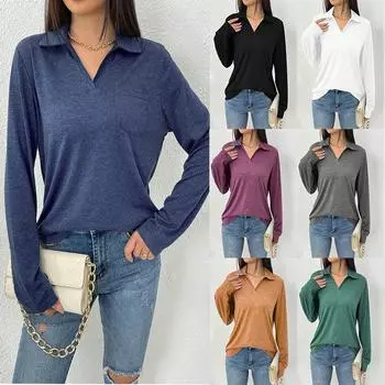 Женская свободная повседневная футболка с длинным рукавом, повседневная, выходного дня, модная, базовая, с V-образным вырезом, обычная футболка S чёрный