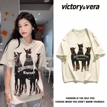 Женская свободная повседневная футболка с круглым вырезом в стиле ретро в стиле хип-хоп с короткими рукавами и принтом собаки 2XL лес зеленый