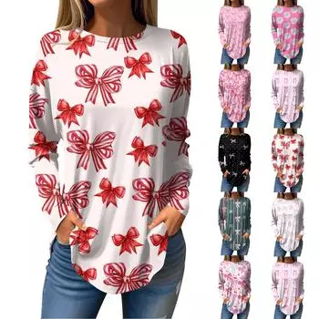 Женская свободная повседневная футболка с принтом банта и круглым вырезом, длинными рукавами, топ, пуловер, свитшот с длинными рукавами L чёрный