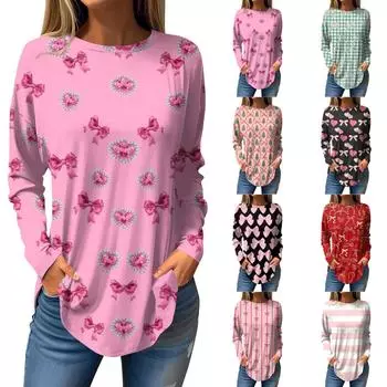 Женская свободная повседневная футболка с принтом банта и круглым вырезом, длинными рукавами, топ, пуловер, свитшот с длинными рукавами L чёрный