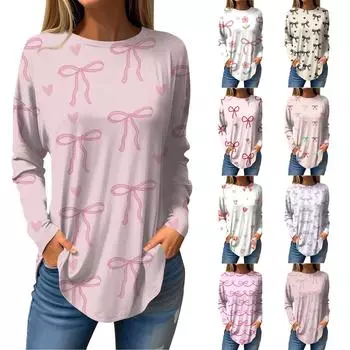 Женская свободная повседневная футболка с принтом банта и круглым вырезом, длинными рукавами, топ, пуловер, свитшот с длинными рукавами XXXL