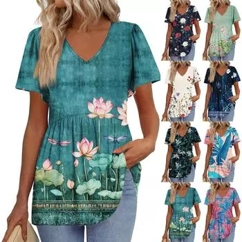 Женская свободная повседневная футболка с принтом и V-образным вырезом, с короткими рукавами Футболка с короткими рукавами XXXL синий