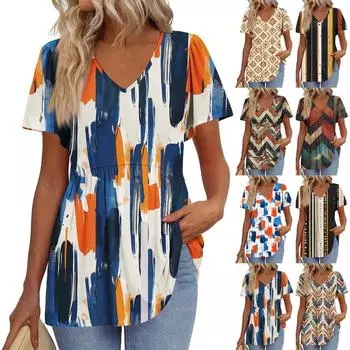 Женская свободная повседневная футболка с принтом и V-образным вырезом, с короткими рукавами Футболка с короткими рукавами M чёрный