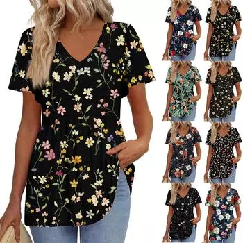 Женская свободная повседневная футболка с принтом и V-образным вырезом, с короткими рукавами Футболка с короткими рукавами XL розовый