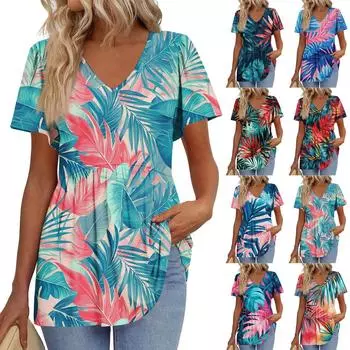 Женская свободная повседневная футболка с принтом и V-образным вырезом, с короткими рукавами Футболка с короткими рукавами XXL