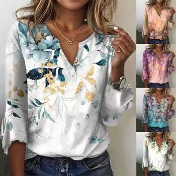 Женская свободная повседневная футболка с рукавами три четверти и v-образным вырезом, кружевная футболка с цветочным принтом, топ XL синий