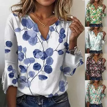 Женская свободная повседневная футболка с рукавами три четверти и v-образным вырезом, кружевная футболка с цветочным принтом, топ XXL