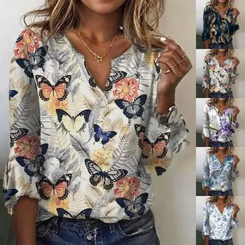 Женская свободная повседневная футболка с рукавами три четверти и v-образным вырезом, кружевная футболка с цветочным принтом, топ