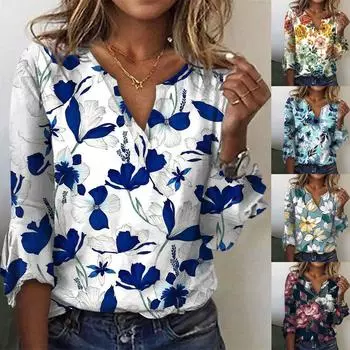 Женская свободная повседневная футболка с рукавами три четверти и v-образным вырезом, кружевная футболка с цветочным принтом, топ