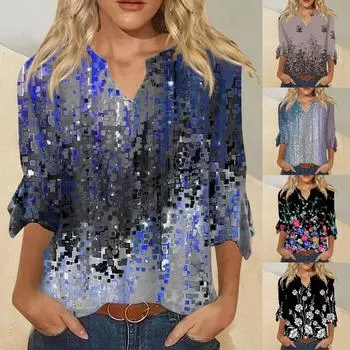 Женская свободная повседневная футболка с рукавами три четверти и v-образным вырезом, кружевная футболка с цветочным принтом, топ