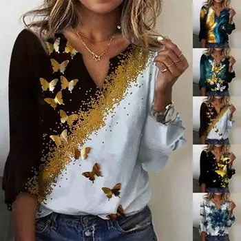 Женская свободная повседневная футболка с рукавами три четверти и v-образным вырезом, кружевная футболка с цветочным принтом, топ