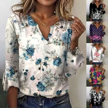 Женская свободная повседневная футболка с рукавами три четверти с v-образным вырезом и цветочным принтом, топ XXXL чёрный