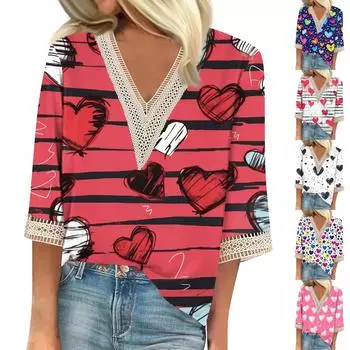 Женская свободная повседневная футболка с рукавом 7/10 и V-образным вырезом, кружевная, с принтом ко Дню святого Валентина XXXL