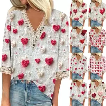 Женская свободная повседневная футболка с рукавом 7/10 и V-образным вырезом, кружевная, с принтом ко Дню святого Валентина S красный