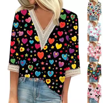 Женская свободная повседневная футболка с рукавом 7/10 и V-образным вырезом, кружевная, с принтом ко Дню святого Валентина XXL хаки