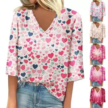 Женская свободная повседневная футболка с рукавом семь четвертей и V-образным вырезом с принтом ко Дню святого Валентина S винный