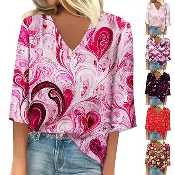 Женская свободная повседневная футболка с рукавом семь четвертей и V-образным вырезом с принтом ко Дню святого Валентина XXL розовый