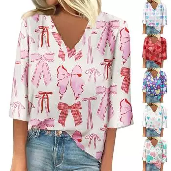 Женская свободная повседневная футболка с рукавом семь четвертей и V-образным вырезом с принтом ко Дню святого Валентина L