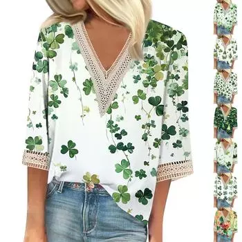 Женская свободная повседневная футболка с семью рукавами и V-образным вырезом, кружевная, с принтом ко Дню Святого Патрика XXXL