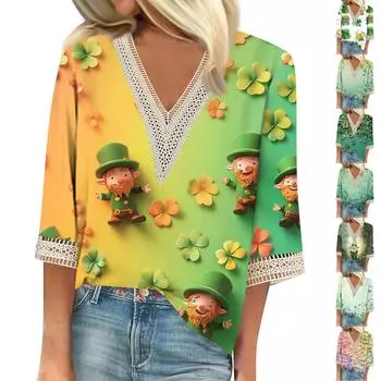 Женская свободная повседневная футболка с семью рукавами и V-образным вырезом, кружевная, с принтом ко Дню Святого Патрика XXXL